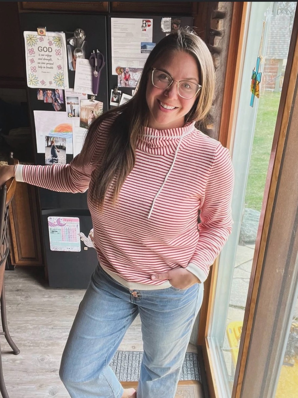 CAbi Pink and White Striped Cowl Neck Pullover